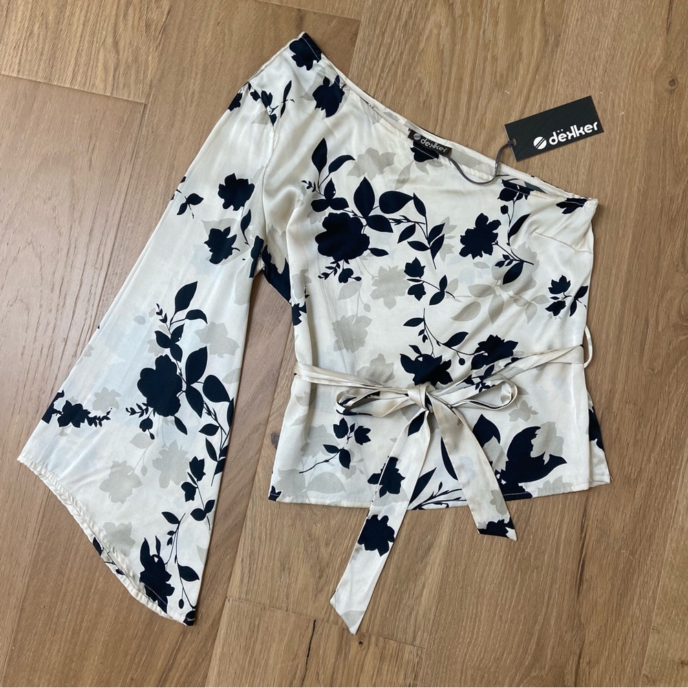 Silk one-shoulder floral blouse